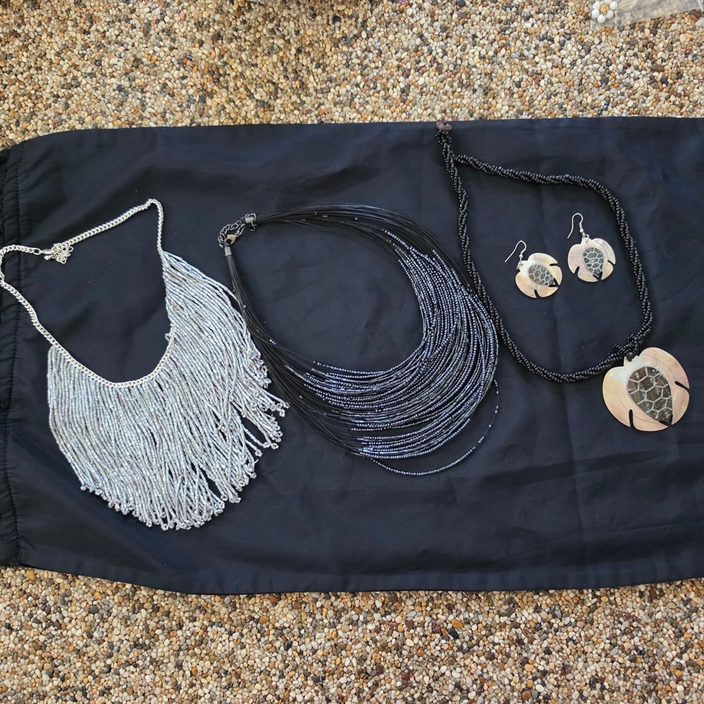 Statement Jewelry Bundle Silver Fringe Bib Black Seed Bead Turtle Shell Set